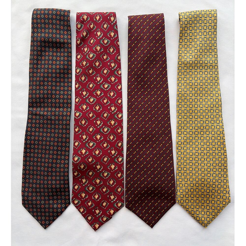 Lot of 4 100% Silk Mens Ties Classic Wide Geometric Burgundy Gold Blue Academia